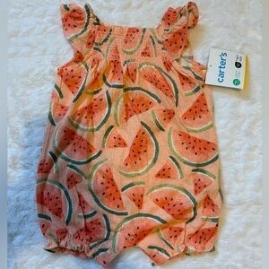 Carter's Peach Watermelon-Print Baby 6M Romper with Ruffle Shoulders
